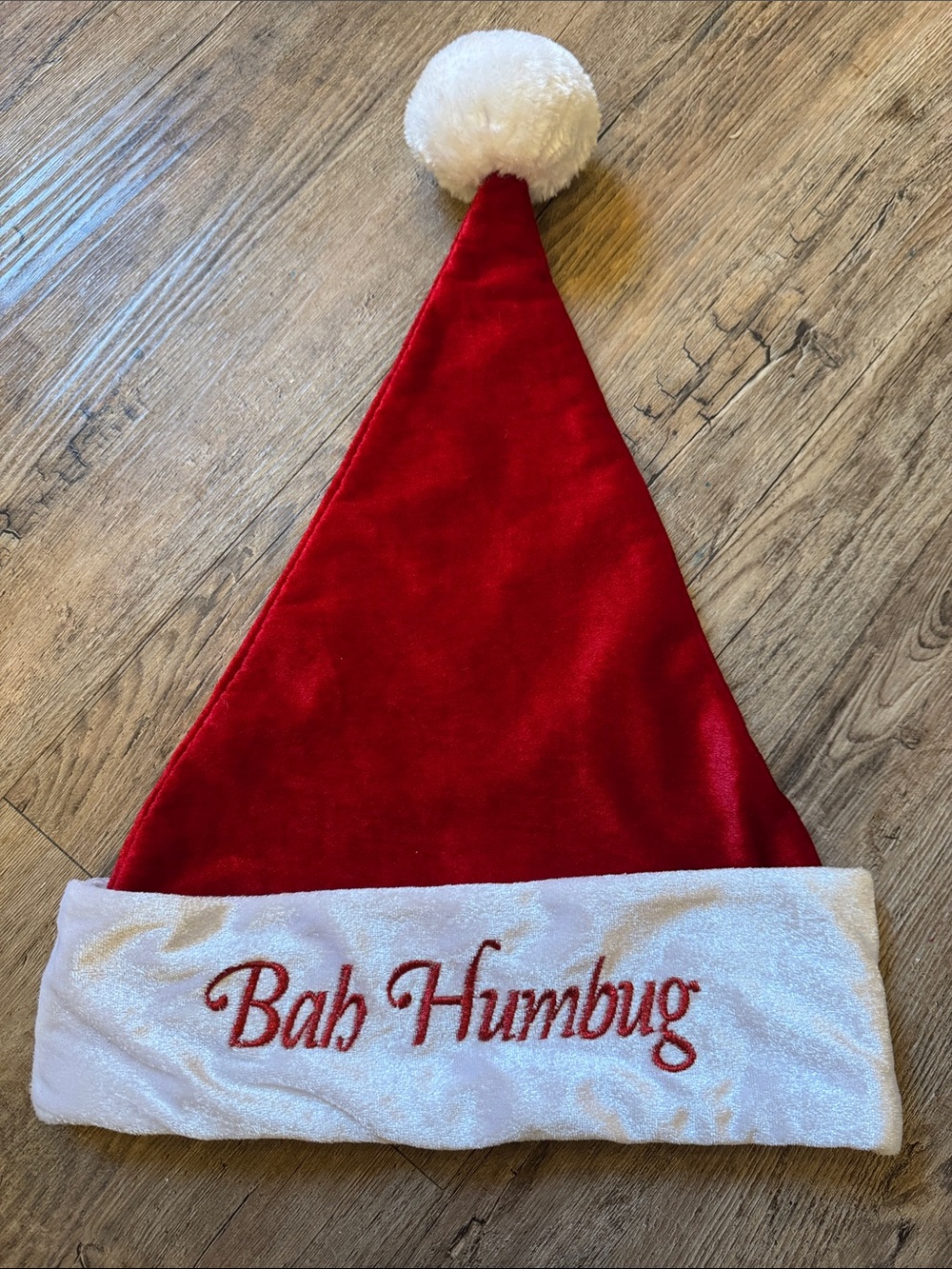 Bah Humbug Red Santa Hat with White Trim and Pom-Pom